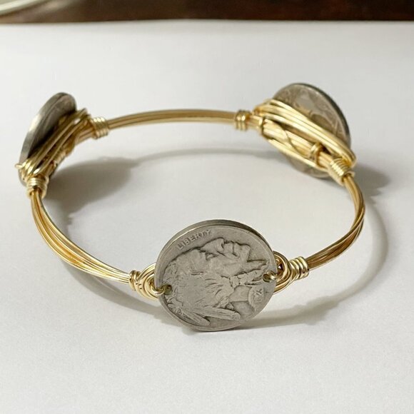 Vintage Indian Head Buffalo Three Nickels Currency Gold Wire Bangle Bracelet - Picture 3 of 6